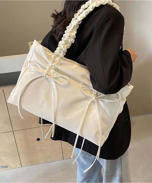 セール】大容量紐リボン ギャザーショルダー トートバッグ（トート