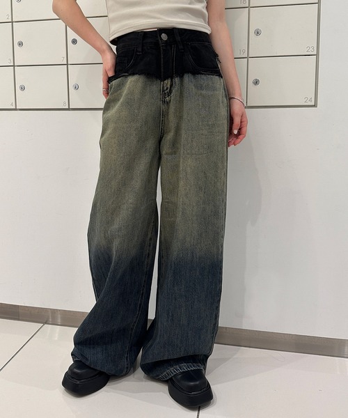 solleim（ソルレム）の「ダメージドッキングヴィンテージデニム（デニムパンツ・レディース・ブルー/ブラック・S/M）」の2枚目の写真