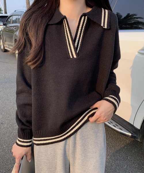 ABITOKYO（アビトーキョー）の「配色ラインキーネックポロニットプルオーバー（ニット/セーター・レディース・グレー/ベージュ/ブラック・FREE）」の2枚目の写真