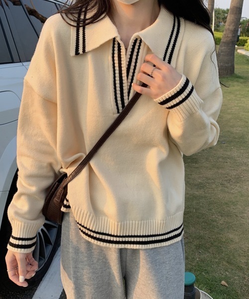 ABITOKYO（アビトーキョー）の「配色ラインキーネックポロニットプルオーバー（ニット/セーター・レディース・グレー/ベージュ/ブラック・FREE）」の5枚目の写真