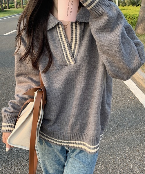 ABITOKYO（アビトーキョー）の「配色ラインキーネックポロニットプルオーバー（ニット/セーター・レディース・グレー/ベージュ/ブラック・FREE）」の7枚目の写真