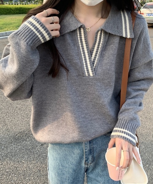 ABITOKYO（アビトーキョー）の「配色ラインキーネックポロニットプルオーバー（ニット/セーター・レディース・グレー/ベージュ/ブラック・FREE）」の8枚目の写真