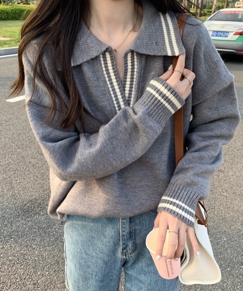 ABITOKYO（アビトーキョー）の「配色ラインキーネックポロニットプルオーバー（ニット/セーター・レディース・グレー/ベージュ/ブラック・FREE）」の9枚目の写真