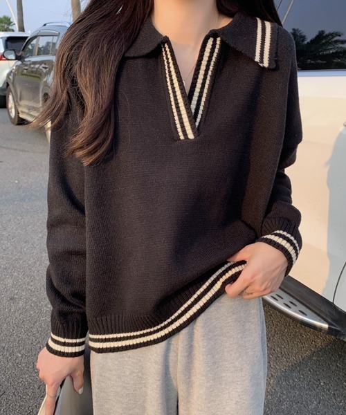 ABITOKYO（アビトーキョー）の「配色ラインキーネックポロニットプルオーバー（ニット/セーター・レディース・グレー/ベージュ/ブラック・FREE）」の11枚目の写真