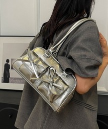PUレザーリボンワンショルダーボストンバッグ