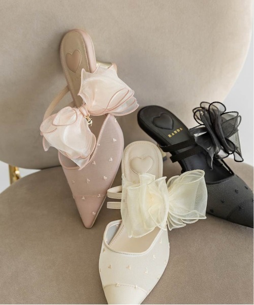 HEART COLLECTION】シフォンリボンハートミュールパンプス