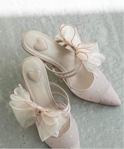 HEART COLLECTION】シフォンリボンハートミュールパンプス