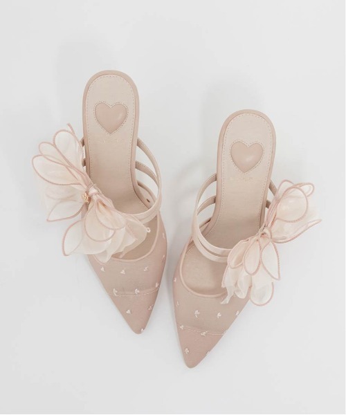 HEART COLLECTION】シフォンリボンハートミュールパンプス