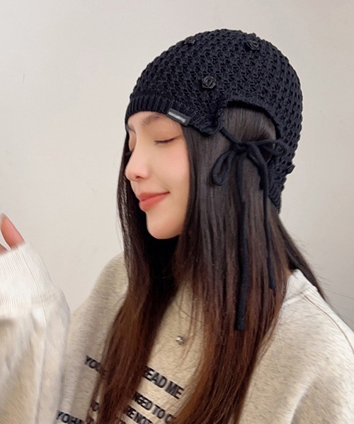 [新品未着用] Patou ロゴ ニット帽 カシミア混 リブウール ビーニー セール】鍵編み ローズレース ニットビーニー cula1054（ニット