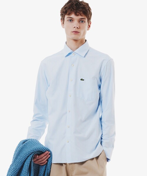 LACOSTE(ラコステ)の「消臭 速乾 UVカット コットン×リサイクルポリエステル ストライプ 長袖レギュラーカラーシャツ(シャツ/ブラウス・メンズ・ネイビー/サックスブルー/グレイッシュブルー・39/41/40/42)」の1枚目の写真