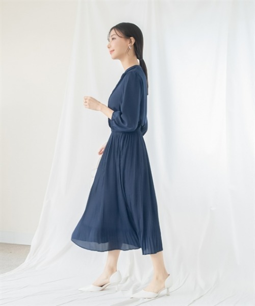 青色プリーツワンピース　サイズ1 小さいサイズ 8分袖ピンタックプリーツワンピース 低身長さん
