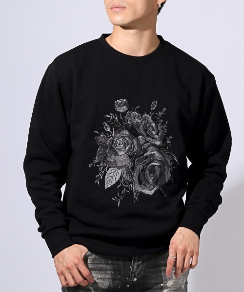 LUXSTYLE(ラグスタイル)の「裏起毛薔薇刺繍トレーナー(スウェット・メンズ・ブラック/ホワイト・M/L)」の2枚目の写真
