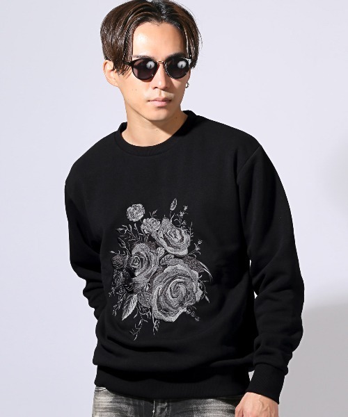 LUXSTYLE(ラグスタイル)の「裏起毛薔薇刺繍トレーナー(スウェット・メンズ・ブラック/ホワイト・M/L)」の3枚目の写真