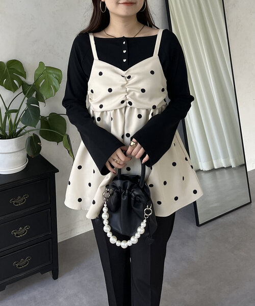 prose verse（プロズヴェール）の「フロントシャーリングドットビスチェ（キャミソール・レディース・アイボリー/ブラック・LARGE/MEDIUM）」の3枚目の写真