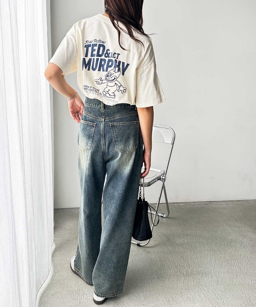 FIRST MOOD(ファーストムード)の「《FIRSTMOODコラボ》ヴィンテージ風猫プリントロゴTシャツ(Tシャツ/カットソー・レディース・チャコール/ブルー/アイボリー・MEDIUM)」の8枚目の写真