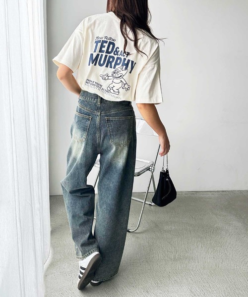 FIRST MOOD(ファーストムード)の「《FIRSTMOODコラボ》ヴィンテージ風猫プリントロゴTシャツ(Tシャツ/カットソー・レディース・チャコール/ブルー/アイボリー・MEDIUM)」の9枚目の写真