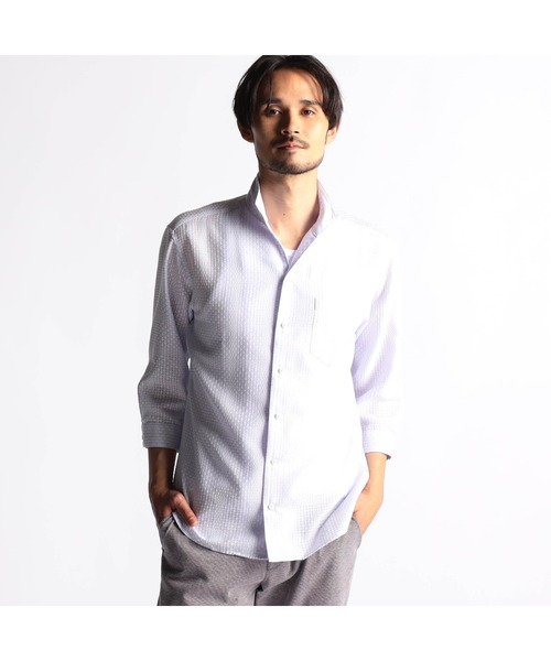 NICOLE CLUB FOR MEN(ニコルクラブフォーメン)の「シアーチェック7分袖スタンドカラーシャツ(シャツ/ブラウス・メンズ・ライトグレー/ネイビー/ブラック/ラベンダー・LARGE/X-LARGE/MEDIUM)」の4枚目の写真