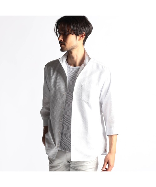 NICOLE CLUB FOR MEN(ニコルクラブフォーメン)の「シアーチェック7分袖スタンドカラーシャツ(シャツ/ブラウス・メンズ・ライトグレー/ネイビー/ブラック/ラベンダー・LARGE/X-LARGE/MEDIUM)」の2枚目の写真