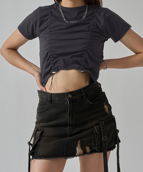 apres jour mignon(アプレジュールミニョン)の「クロップドドロストTシャツ【ZOZOTOWN限定アイテム】(Tシャツ/カットソー・レディース・レッド/ブラック/チャコールグレー/オフホワイト・X-LARGE/フリー)」の8枚目の写真