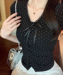 《26年夏新色追加》【お気に入り登録6000人突破!】フロントリボン ドットレース VネックTシャツ 半袖T