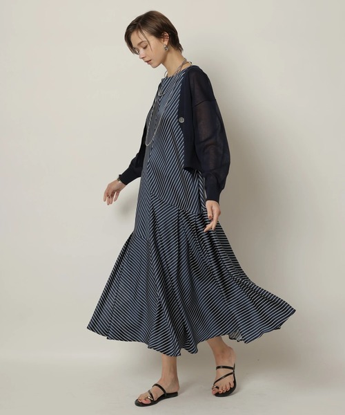 美品✨CADUNE カデュネ ドロストロングワンピース キーネック ブルー S CADUNE（カデュネ）の「ストライプワンピース（ワンピース）」 - WEAR