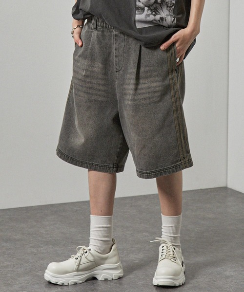 Alfred Alex】ヴィンテージ加工 サイドライン ハーフデニムパンツ