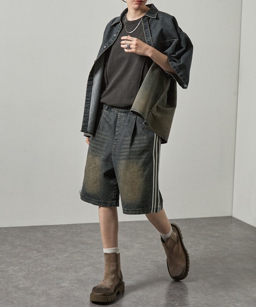 Alfred Alex(アルフレッドアレックス)の「【Alfred Alex】ヴィンテージ加工 サイドライン ハーフデニムパンツ(その他パンツ・メンズ・インディゴブルー/ブラック/グレー・S/M/L)」の21枚目の写真