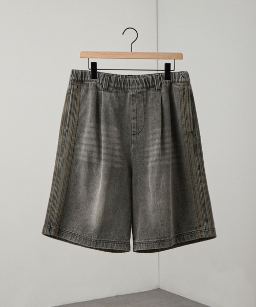 Alfred Alex】ヴィンテージ加工 サイドライン ハーフデニムパンツ