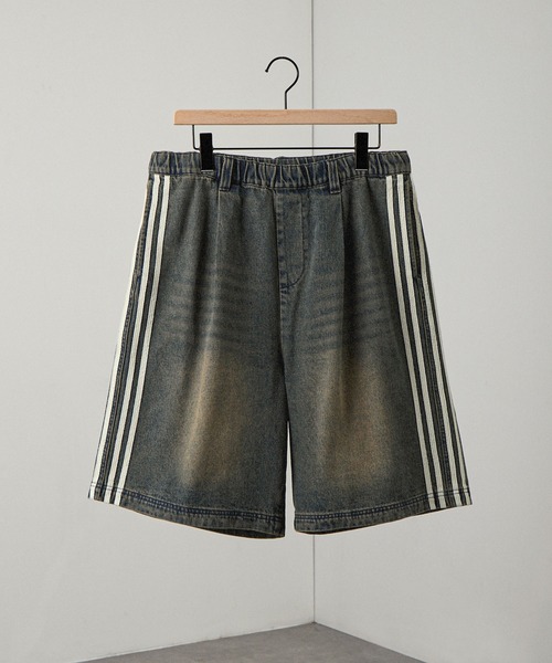 Alfred Alex】ヴィンテージ加工 サイドライン ハーフデニムパンツ