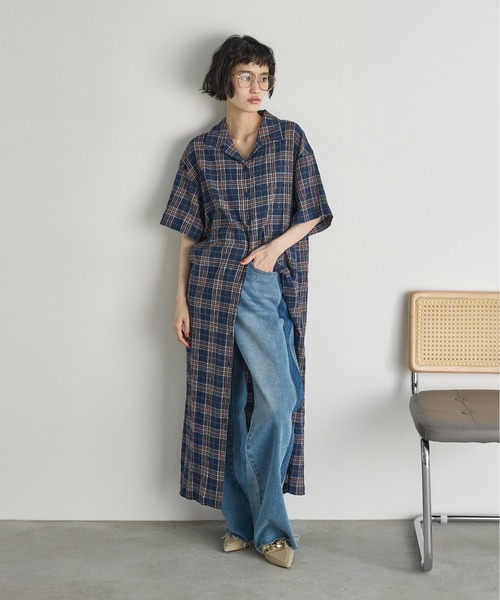 toujours ハーフスリーブ　ストライプシャツワンピース 美品】トゥジュー toujours◎ストライプ 半袖シャツワンピース