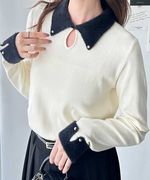 GeeRA(ジーラ)の「もちもち気持ちいい!襟付きシャギー切替ニットトップス(ニット/セーター・レディース・ブラック/アイボリー・MEDIUM/LARGE)」の8枚目の写真