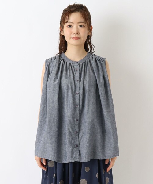 one'sterrace（ワンズテラス）の「コットンシャンブレーフレンチスリーブシャツ（シャツ/ブラウス・レディース・ネイビー系5/ブルー系その他7・02）」の3枚目の写真