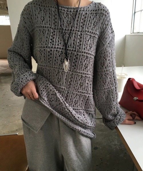 leune(ルネ)の「透かし編みニットトップス&スカートセットアップ/レイヤードニット(ニット/セーター・レディース・ブラウン/グレー/ブルー・FREE)」の11枚目の写真