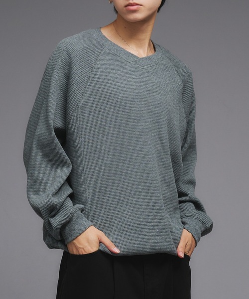 Adoon plain（アドーンプレーン）の「Shallow V-Neck Thermal Long Sleeve T / 浅VネックサーマルロングスリーブT（Tシャツ/カットソー・メンズ・ボルドー/杢グレー/ブラウン/ブラック/その他/ネイビー・MEDIUM/LARGE）」の3枚目の写真