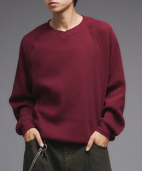 Adoon plain（アドーンプレーン）の「Shallow V-Neck Thermal Long Sleeve T / 浅VネックサーマルロングスリーブT（Tシャツ/カットソー・メンズ・ボルドー/杢グレー/ブラウン/ブラック/その他/ネイビー・MEDIUM/LARGE）」の5枚目の写真