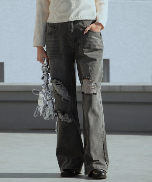セール】Bleach-Damaged Design Denim/ブリーチダメージデザインデニム