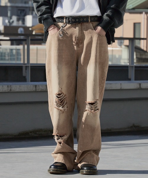 セール】Bleach-Damaged Design Denim/ブリーチダメージデザインデニム