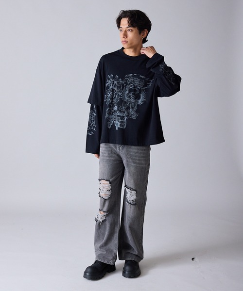 セール】Bleach-Damaged Design Denim/ブリーチダメージデザインデニム