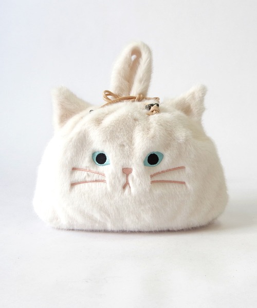 WOVEN(ウーヴン)の「WOVEN (ウーヴン) / エコファー ねこ フェイス 2WAY BAG 猫巾着 バッグ(ハンドバッグ・レディース・グレー/ホワイト/ブラック/ブラウン/ホワイト系・FREE)」の2枚目の写真