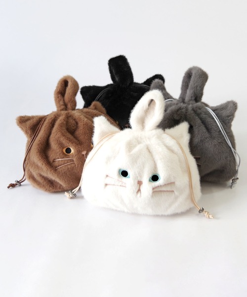WOVEN(ウーヴン)の「WOVEN (ウーヴン) / エコファー ねこ フェイス 2WAY BAG 猫巾着 バッグ(ハンドバッグ・レディース・グレー/ホワイト/ブラック/ブラウン/ホワイト系・FREE)」の6枚目の写真