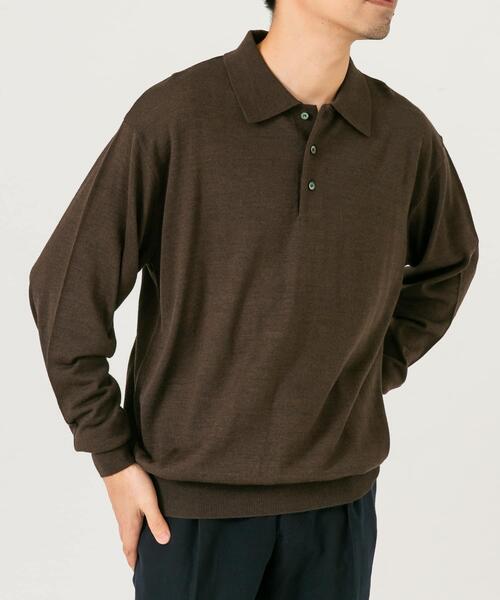 90s ニット ポロシャツ ペルー製 メリノウール 黒 貝ボタン 企業ロゴ Super170_sWOOLKNITPOLOSHIRTS_B