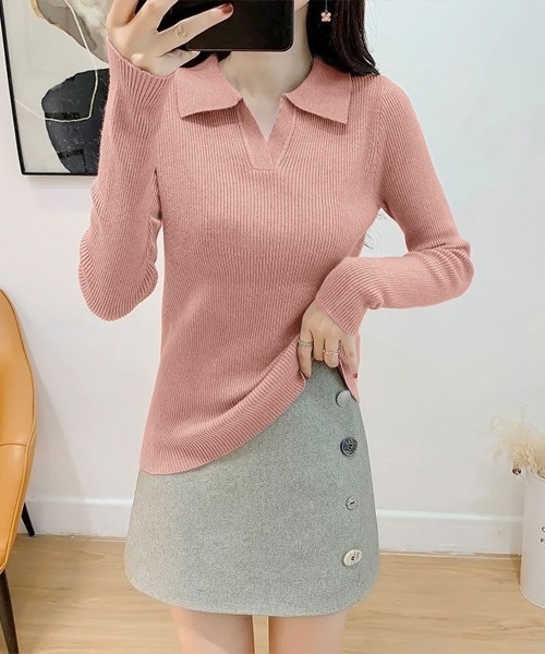 Miniministore(ミニミニストア)の「ポロニットトップス秋新作リブニット韓国風(ニット/セーター・レディース・ホワイト/ブラック/ベージュ/グレー/ピンク/イエロー・FREE)」の6枚目の写真