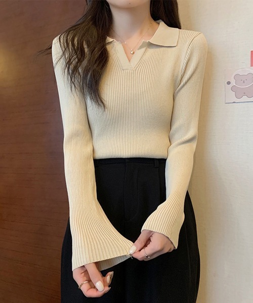 Miniministore(ミニミニストア)の「ポロニットトップス秋新作リブニット韓国風(ニット/セーター・レディース・ホワイト/ブラック/ベージュ/グレー/ピンク/イエロー・FREE)」の8枚目の写真