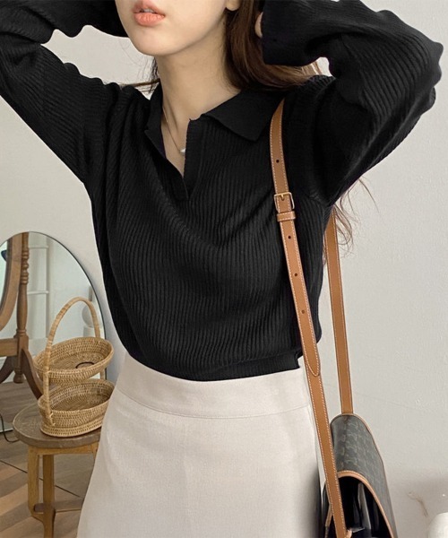Miniministore(ミニミニストア)の「ポロニットトップス秋新作リブニット韓国風(ニット/セーター・レディース・ホワイト/ブラック/ベージュ/グレー/ピンク/イエロー・FREE)」の12枚目の写真