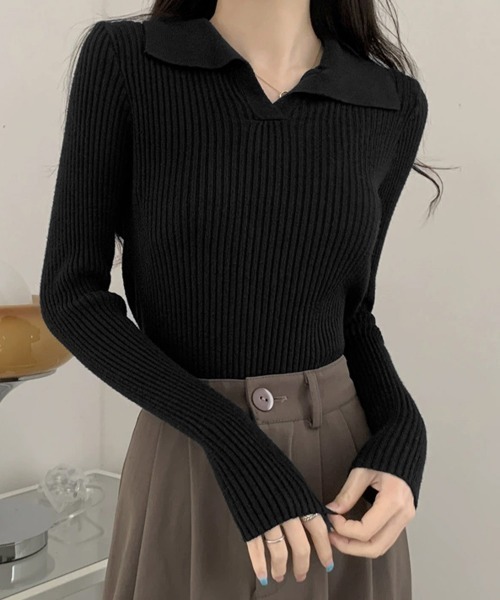 Miniministore(ミニミニストア)の「ポロニットトップス秋新作リブニット韓国風(ニット/セーター・レディース・ホワイト/ブラック/ベージュ/グレー/ピンク/イエロー・FREE)」の14枚目の写真