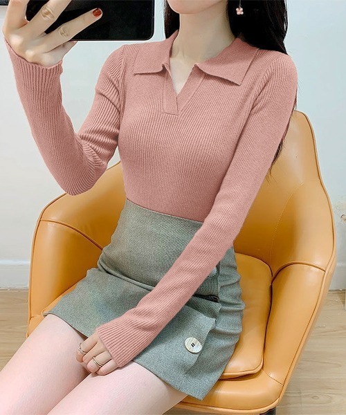 Miniministore(ミニミニストア)の「ポロニットトップス秋新作リブニット韓国風(ニット/セーター・レディース・ホワイト/ブラック/ベージュ/グレー/ピンク/イエロー・FREE)」の22枚目の写真