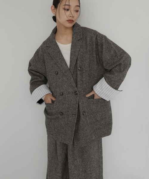 hellam(へラム)の「ツイードダブルオーバージャケット(テーラードジャケット・レディース・カーキ/ブラウン/ブラック・FREE)」の1枚目の写真