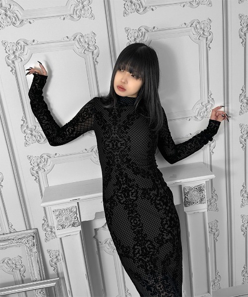 LVEU.(ラブユ.)の「【LVEU.】ベロアレースワンピース / ワンピース ワンピ タイト ロング レース ベロア ハイネック スタンドカラー 花柄 フラワー ボタニカル柄 ブラック(ワンピース・レディース・ブラック・FREE)」の16枚目の写真