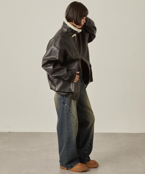 Snap club（スナップクラブ）の「【Snap club】2WAYヴィンテージライク襟ボア切り替えフライトブルゾン（ブルゾン・レディース・ブラウン/ブラック・L/M）」の13枚目の写真