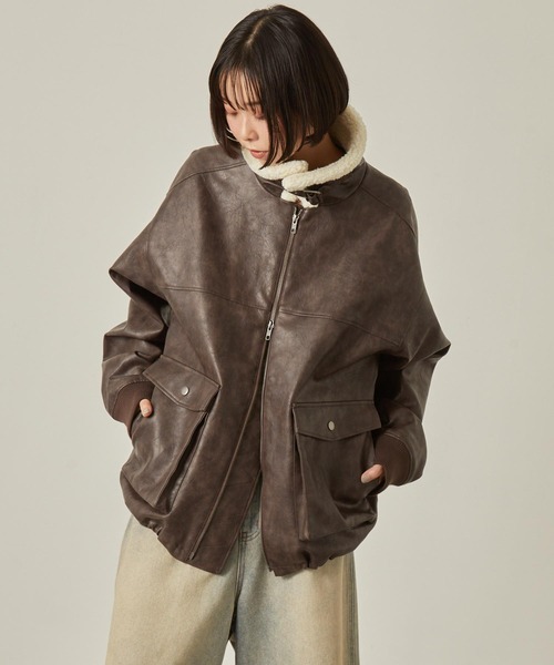 Snap club（スナップクラブ）の「【Snap club】2WAYヴィンテージライク襟ボア切り替えフライトブルゾン（ブルゾン・レディース・ブラウン/ブラック・L/M）」の15枚目の写真